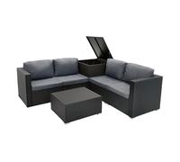 Rattan Garden Corner Furniture Set Outdoor Premium 6 Piece Black 4 Seater Modular Sofa Chairs With Cushions Glass Top Coffee Table 250L Storage Box Metal Frame Patio Lounge Seat FREE Rain Cover