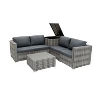 Rattan Garden Corner Furniture Set Outdoor Premium 6 Piece Grey 4 Seater Modular Sofa Chairs With Cushions Glass Top Coffee Table 250L Storage Box Metal Frame Patio Lounge Seat FREE Rain Cover