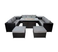 Rattan Garden Furniture 11 Seater Black Wicker 3 Sofas 2 Stools Gas Firepit Dining Table 2 Coffee Side Tables 8 Piece Set Outdoor UV Protected Cushions Patio Conservatory Lounge Waterproof Rain Cover
