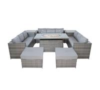 Rattan Garden Furniture 11 Seater Grey Wicker 3 Sofas 2 Stools Gas Firepit Dining Table 2 Coffee Side Tables 8 Piece Set Outdoor UV Protected Cushions Patio Conservatory Lounge Waterproof Rain Cover