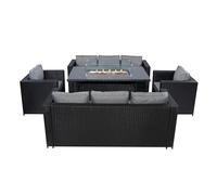 Rattan Garden Furniture 8 Seater Black Wicker 3-Seater Sofas Armchairs Gas Firepit Dining Table 5 Piece Set Outdoor UV Protected Thick Cushions Patio Conservatory Lounge Waterproof Rain Cover