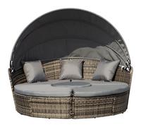 Rattan Garden Furniture Cushioned Wicker Round Sofa Bed with Coffee Table Patio Conversation Furniture Set - Grey