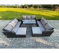 Rattan Garden Furniture Dining Set 11 seater Patio Rectangular Table 2 Big Footstool Fimous Dark Grey One Size