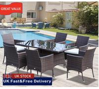 Outsunny 7-Piece Rattan Garden Furniture Set with Cushions, 6 Seater Garden Table and Chairs, Rattan Dining Set with 6 Armchairs, Rectangular Glass Top Table, Brown Brown