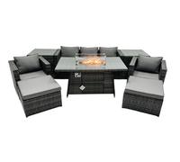 Fimous Rattan Garden Furniture Firepit Dining Set 7 Seater Lounge Sofa Table Set with 2 Side table 2 big Footstool