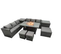 Fimous Rattan Garden Furniture Firepit Dining Set 9 Seater Lounge Sofa Table Set with 2 Side Table 3 Footstool