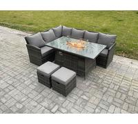 Fimous Rattan Garden Furniture High Back Corner Sofa Gas Fire Pit Dining Table Sets Gas Heater with 2 Small Footstools 8 Seater Dark Grey Mixed
