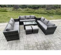 Fimous Outdoor Rattan Garden Furniture Lounge Sofa Set With Oblong Rectagular Coffee Table 2 Stools