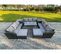 Rattan Garden Furniture Set 11 Seater Patio Outdoor Lounge Sofa Set with 2 Side Tables Rectangular Dining Table 2 Big Footstool Fimous Dark Grey One Size