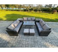 Rattan Garden Furniture Set 11 Seater Patio Outdoor Lounge Sofa Set with 2 Side Tables Rectangular Dining Table 2 Small Footstools Fimous Dark Grey One Size