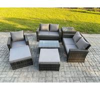 Fimous 7-Seater Rattan Garden Lounge Set - Dark Grey Mixed Patio Outdoor Sofa & Chair Set with Rectangular Coffee Table & 2 Big Footstools