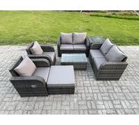 Rattan Garden Furniture Set 7 Seater Patio Outdoor Lounge Sofa Set with 2 Reclining Chairs Rectangular Coffee Table Big Footstool Fimous Dark Grey One Size