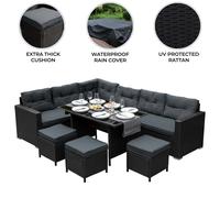 Rattan Garden Furniture Set Black Corner Sofa Stools Table Cushions