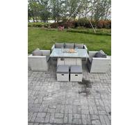 Rattan Garden Furniture Set Gas Fire Pit Dining Table Set Heater Burner Chairs Fimous Light Grey One Size