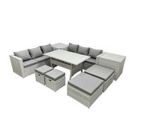 Fimous Rattan Garden Furniture Set Outdoor 10 Seater Patio Dining Sets with Glass Top Dining Table 2 Side Tables Light Grey Mixed