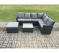 Fimous Rattan Garden Furniture Set Outdoor Lounge Corner Sofa Set With Square Coffee Table Big Footstool 7 Seater Dark Grey Mixed
