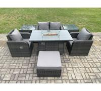 Rattan Garden Furniture Set Outdoor Patio Gas Fire Pit Dining Table and Chairs with 2 Side Tables Fimous Dark Grey One Size