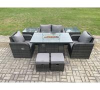 Rattan Garden Furniture Set Outdoor Patio Gas Fire Pit Dining Table and Chairs with Love Seat Sofa Fimous Dark Grey One Size