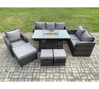Rattan Garden Furniture Set with Fire Pit Table 9 Seater Outdoor Lounge Sofa Set Dark Grey Mixed Fimous Dark Grey One Size