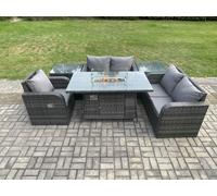 Fimous Rattan Garden Furniture Set with Gas Fire Pit Dining Table,2 Side Tables Indoor Outdoor 6 piece Love Sofa set