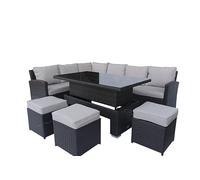 Rattan Garden Furniture Set with Rising Table 8 Seater - Outdoor Corner Sofa Dining Set with Adjustable Table and Footstools - Steel Frame Patio Set with Cushions - Brown Wicker