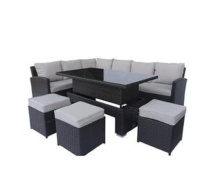 Rattan Garden Furniture Set with Rising Table 9 Seater - Outdoor Corner Sofa Dining Set with Adjustable Table and Footstools - Steel Frame Patio Set with Cushions - Brown Wicker