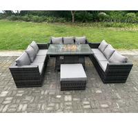 Fimous Rattan Garden Furniture Sofa Set Outdoor Patio Gas Fire Pit Dining Table Gas Heater Burner With Big Footstool 10 Seater Dark Grey Mixed
