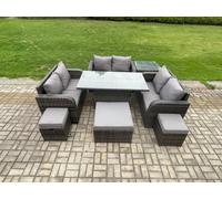 Rattan Garden Outdoor Furniture 3 PC Love Sofa Set Adjustable Rising lifting Dining Table With Side Table 3 Footstools Fimous Dark Grey One Size
