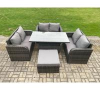 Rattan Garden Outdoor Furniture 3 PC Love Sofa Set Patio Adjustable Rising lifting Dining Table With Big Footstool Fimous Dark Grey One Size