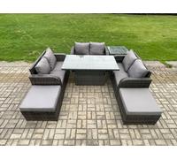 Rattan Garden Outdoor Furniture 3 PC Love Sofa Set Patio Adjustable Rising lifting Dining Table With Side Table 2 Big Footstool Fimous Dark Grey One Size