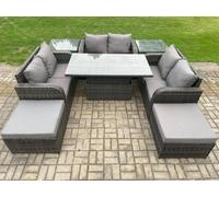 Rattan Garden Outdoor Furniture 3 PC Love Sofa Set Patio Adjustable Rising lifting Dining Table With 2 Side Tables 2 Big Footstool Fimous Dark Grey One Size