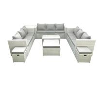 Fimous Rattan Garden Outdoor Furniture Set 12 Seater Garden Sofa Coffee Table Set with 3 Footstools Side Table Light Grey Mixed