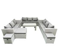 Fimous Rattan Garden Outdoor Furniture Set 12 Seater Garden Sofa Oblong Coffee Table Set with 3 Footstools Light Grey Mixed