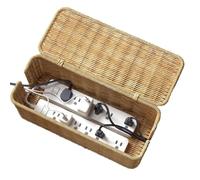 Rattan Handmade Cable Management Box, Under Desk Cable Organiser Box, Cable Tidy Box With Lid 2 Open Slots For Hide Power Strips & Cords And Cover Floor TV Wires Computer Usb Hub, Natural Breathable