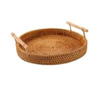 Rattan Handmade Fruit Storage Basket With Wooden Handle Round Wicker Cake Platter Dinner Serving Tray For Home(M)