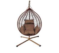 Rattan Hanging Egg Chair with Cushion - Foldable & Height Adjustable Patio Swing Chair for Indoor Outdoor, 4-Leg Base for Safety (Brown Chair+Brown Cushion)