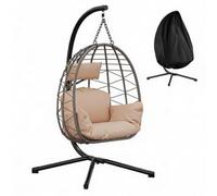 Rattan Hanging Egg Chair with Stand Collapsible Hammock Swing Seat | Heavy-Duty Steel Frame Weatherproof, Washable Cushions, Protective Cover for Garden, Patio, Balcony Outdoor Indoor