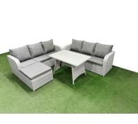 Fimous Patio Dining Table & Chairs Set Rattan High Back Lounge Sofa Set with 3 Seater Sofa Big Stool Light Grey