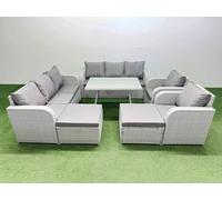 Fimous Rattan High Back Lounge Sofa Set Patio Dining Table & Chairs Set with 3 Seater Sofa 2 Reclining Chairs 2 Big Stool Light Grey