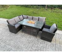 Fimous Outdoor Rattan Corner Sofa Garden Furniture High Back Sofa Set Gas Fire Pit Dining Table Gas Heater Burner Arm Chair 7 Seater