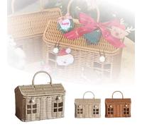 Rattan House Shaped Basket, Decorative Hand Woven Shelf Storage Rack with Lid, Natural Harvest Wicker Organizer with Folding Handle for Picnics, Easter, Tidying Up (Beige)
