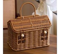 Rattan House Shaped Basket with Lid, Decorative Hand Woven Shelf Organizer with Folding Handle, Natural Harvest Wicker Basket for Picnics, Easter, Organizing, Storage