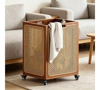 Rattan Laundry Basket with Wheels, Bamboo Laundry Hamper Sorter Cart, Large Opening & Hollow Design, Rolling Laundrys Organizer Storage for Bedroom Balcony Bathroom