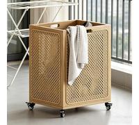 Rattan Laundry Basket with Wheels, Bamboo Laundry Hamper Sorter Cart, Large Opening & Hollow Design, Rolling Laundrys Organizer Storage for Bedroom Balcony Bathroom