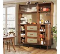 Rattan-Look Front Sideboard with Glass Sliding Doors, Space-Saving Storage Cabinet with 3 Drawers, 140L x 40.5W x 174.5H cm, Walnut Aosom UK