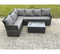 Fimous Rattan Lounge Corner Sofa Set Wicker PE Outdoor Garden Furniture Set with Rectangular Coffee Table Dark Grey Mixed