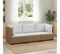 Rattan Lounge Set 3-Seater Natural Rattan Mahogany Frame Modular Cushions 72x72