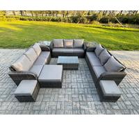 Fimous 12 Seater Dark Grey Mixed Rattan Outdoor Lounge Set - Rectangular Coffee Table, 3-Seater Sofa, 2 Side Tables & 3 Footstools