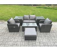 Rattan Lounge Sofa Set 7 PCS Outdoor Garden Furniture Set with Rectangular Coffee Table Love Sofa 2 Side Tables Fimous Dark Grey One Size