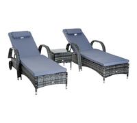 Rattan Lounger Set Grey 200x73x56cm PE Rattan Tempered Glass 3PC Cushioned 5Pos